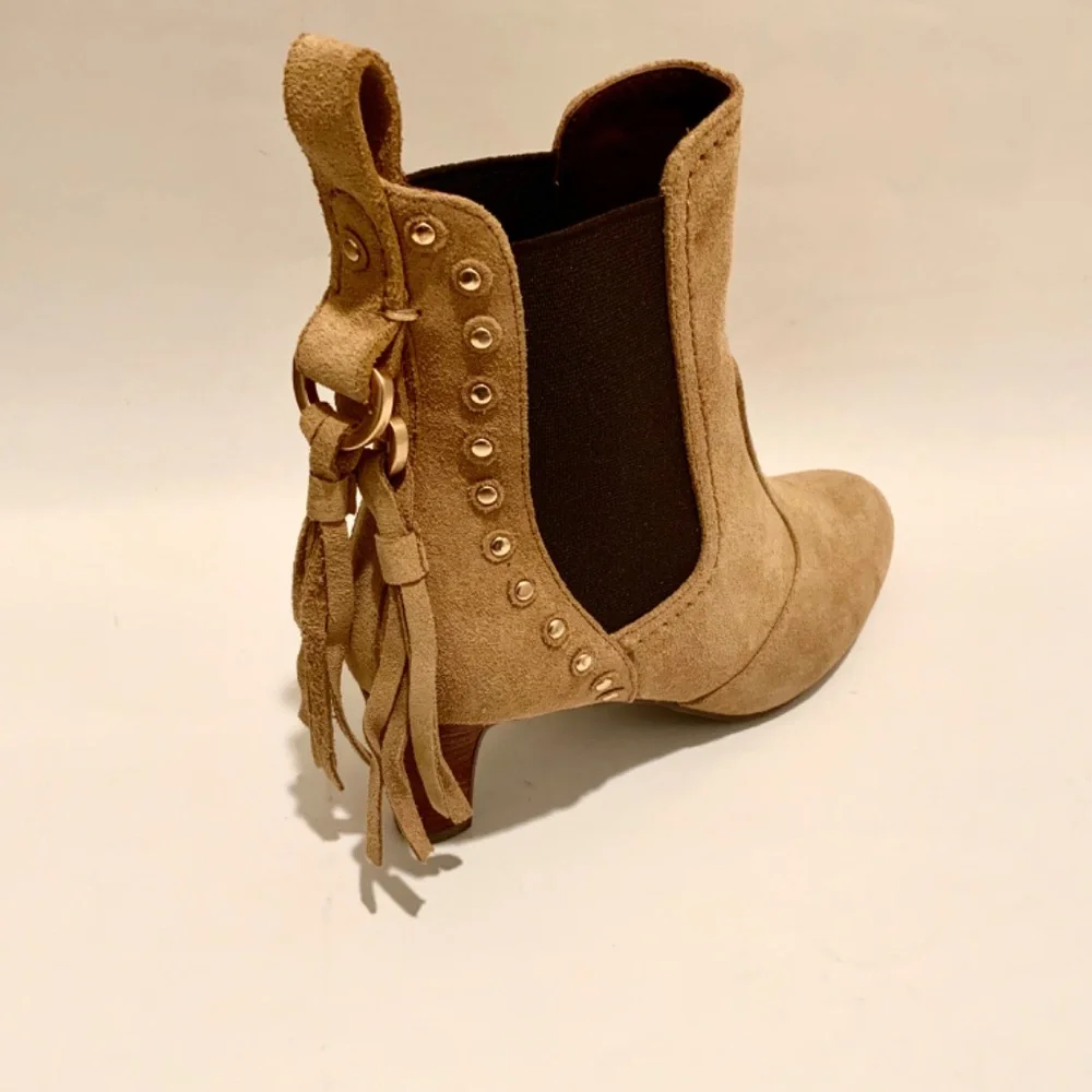 See by Chloé Beige Tan Suede Tasseled Studded Chelsea Ankle Boots Boho Booties
